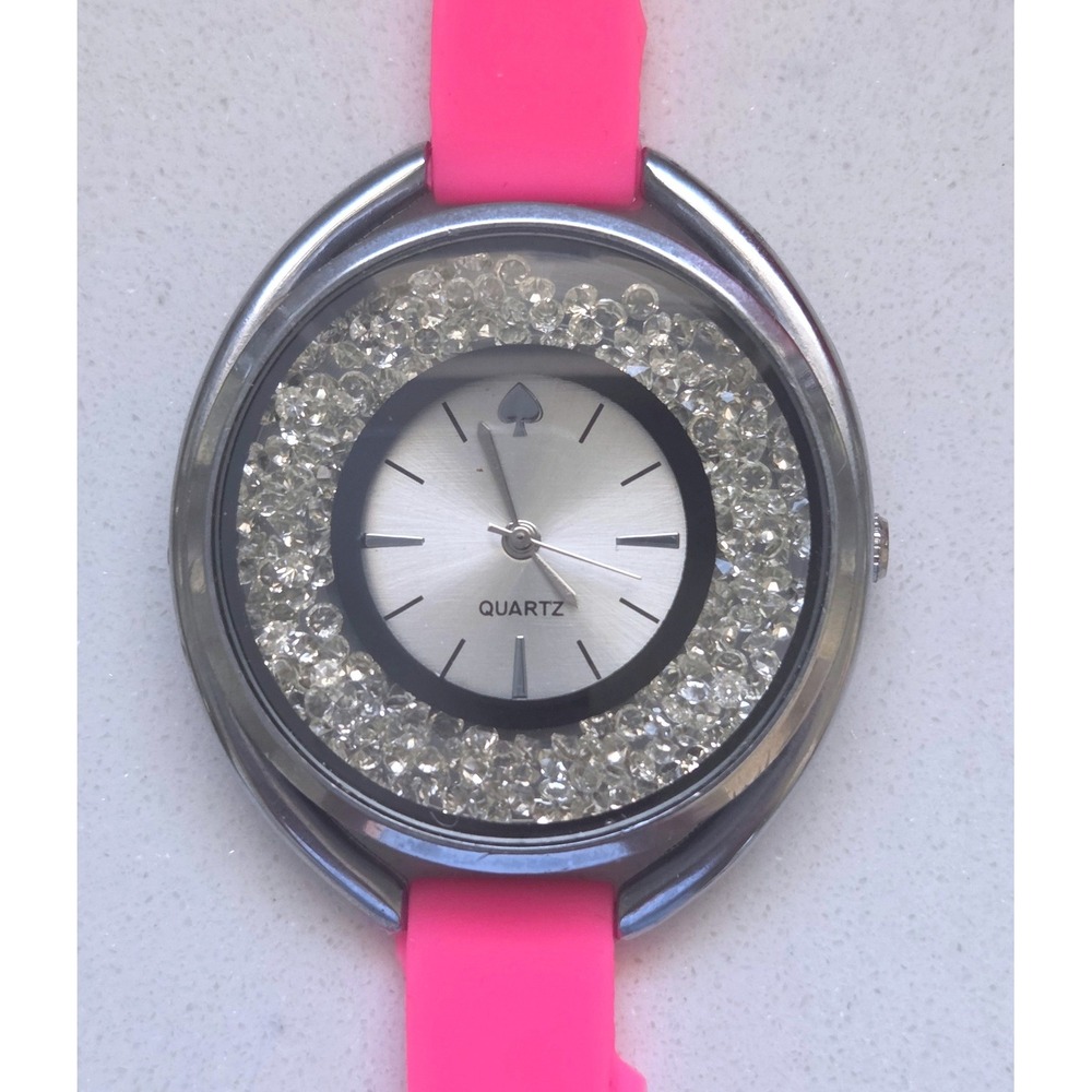 Pink Silicone Strap Watch with Floating Crystals Silver Tone H1088 Quartz NWOT
